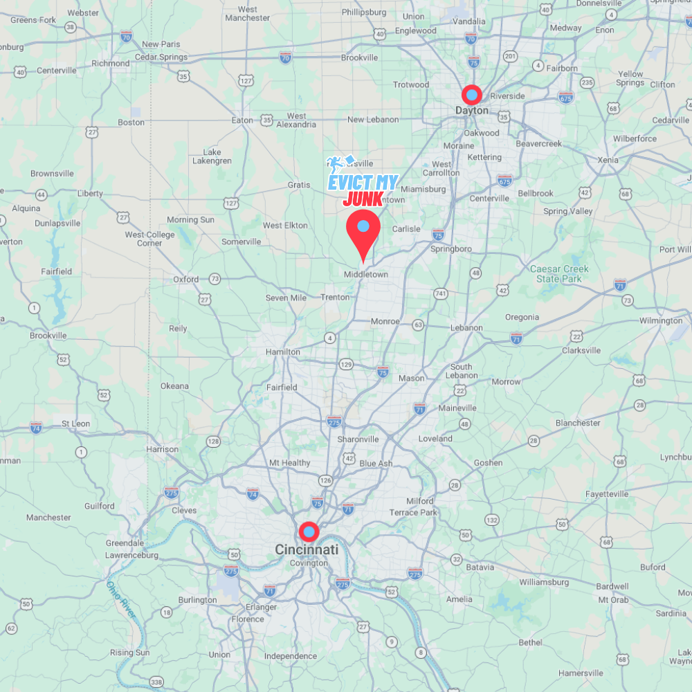 Map showing Evict My Junk's local service coverage areas across Southwest Ohio, highlighting our anchor locations in Dayton, Middletown, and Cincinnati.